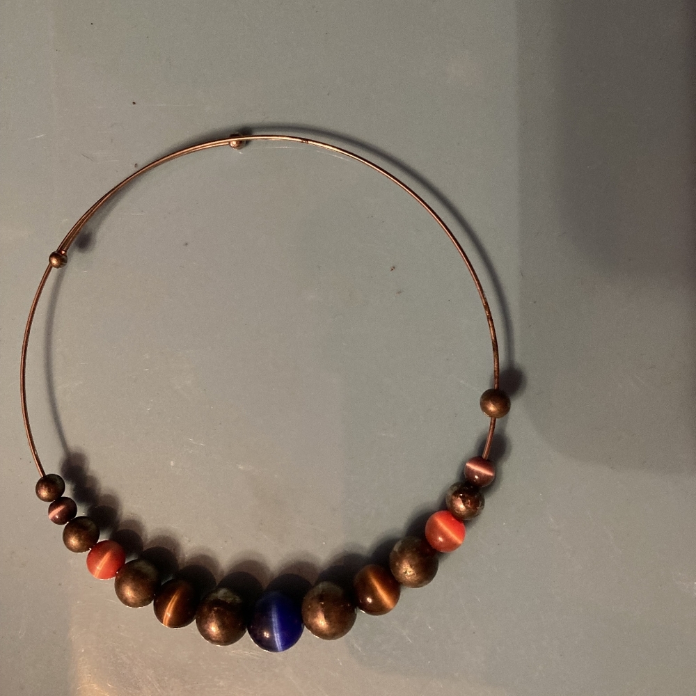 Choker with bronze, blue, & orange beads
